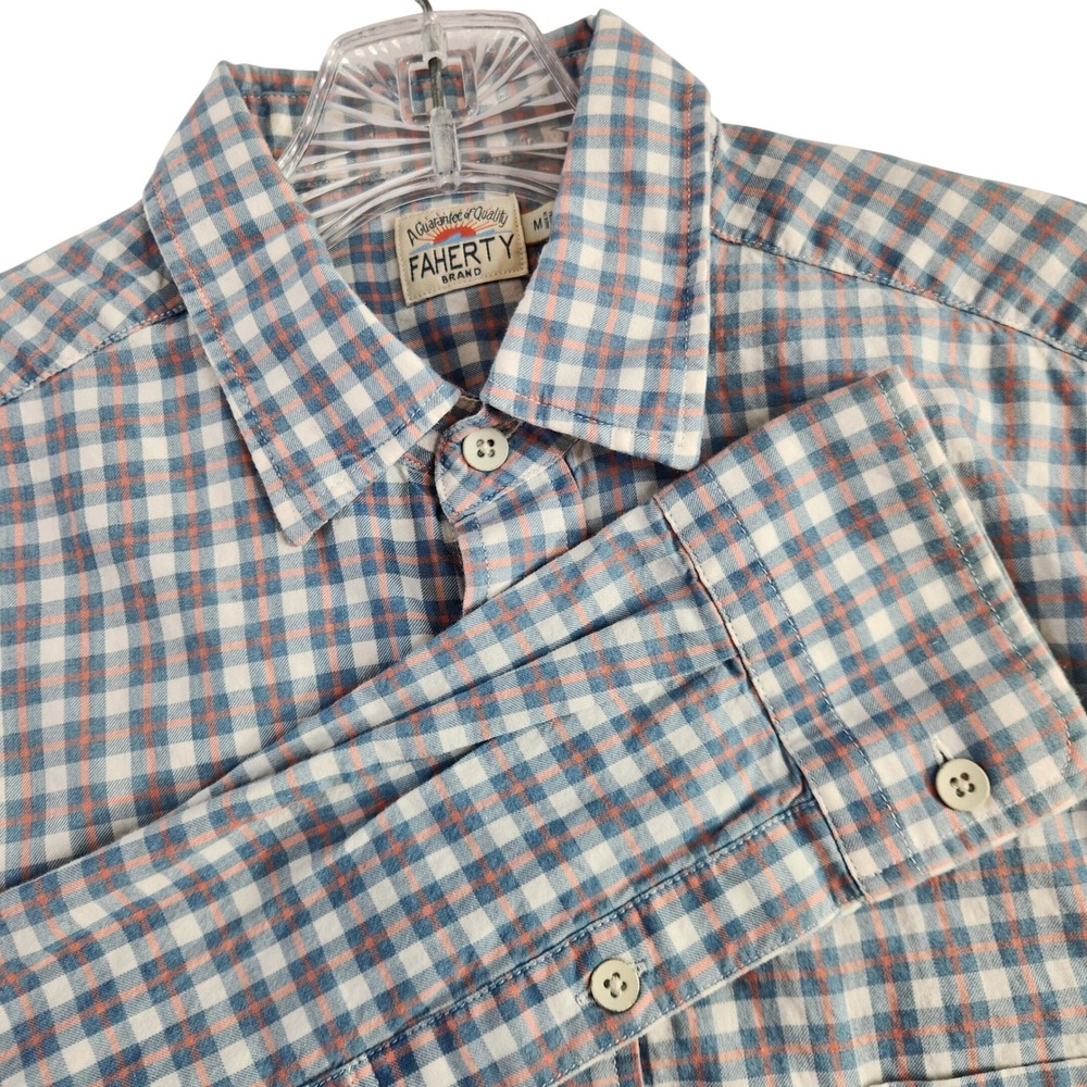 Faherty Blue Gingham Plaid Long Sleeve Button Up Cotton Shirt Men's Size Medium